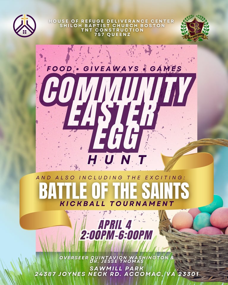 Colorful pink event flyer for Community Easter Egg Hunt with food, giveaways, and Battle of the Saints kickball tournament on April 4