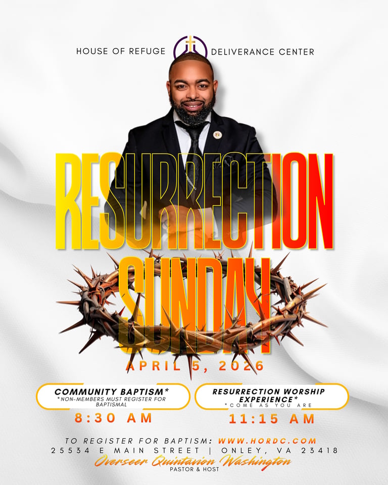 Resurrection Sunday event flyer featuring a man in formal attire with bold yellow, gold, and orange text overlaid with a crown of thorns image, dated April 6, 2025