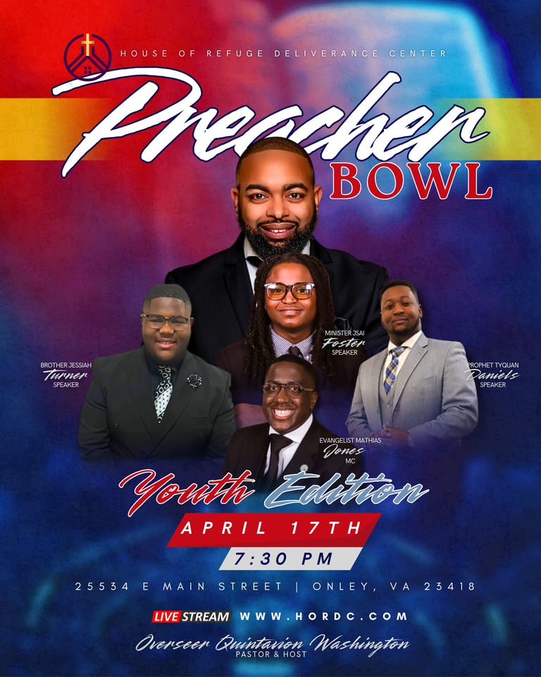 Preacher Bowl Youth Exhibition event flyer featuring five male speakers, scheduled for April 17th at 7:30 PM in Onley, VA.